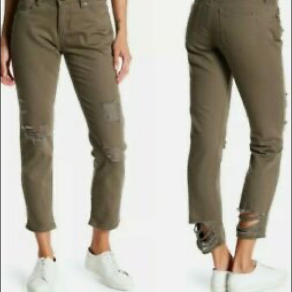 🔴BLANKNYC Cropped Girlfriend Jeans Dark Olive Green Distressed Size 27